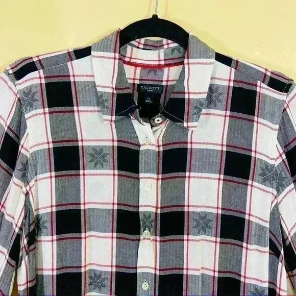 Talbots Snowflake Plaid Soft Button Down Rayon Lightweight Long Sleeve Top (LP) - Picture 3 of 16